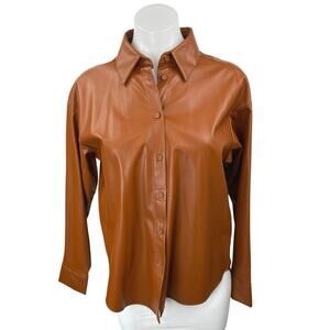 NEW Zara Brown Faux Vegan Leather Long Sleeve Button Down Shirt Jacket Top XS